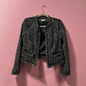 Merona Tweed Black/White With Fringe Jacket With Eyelet Closure Women's Size S